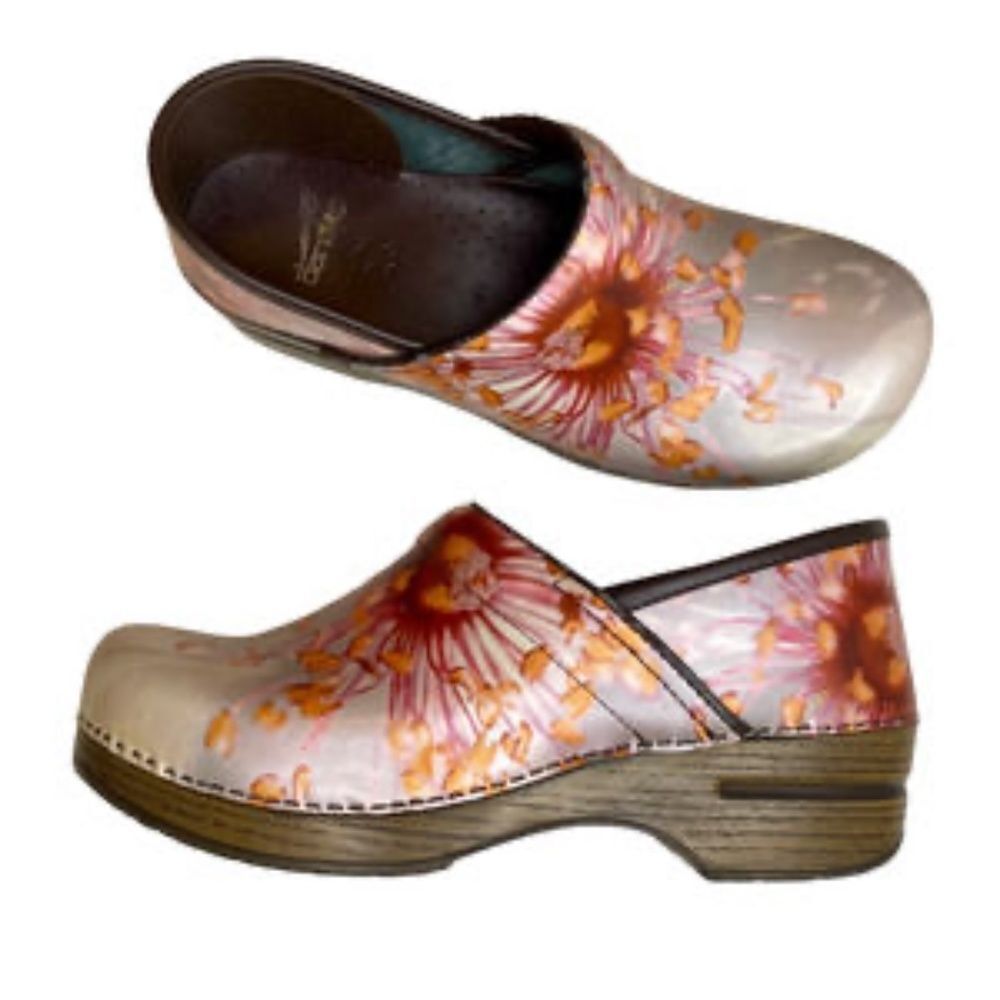 Dansko Floral Pink Orange Leather Clogs